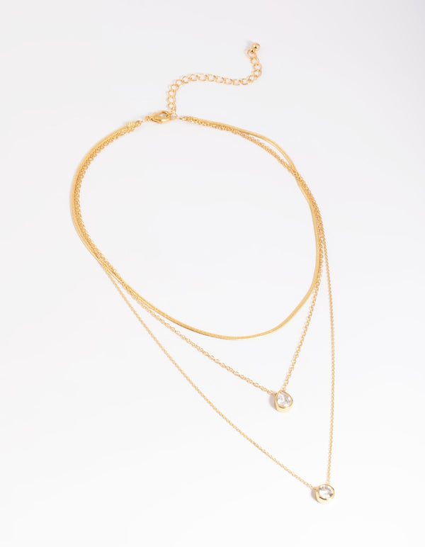 Gold Plated Cubic Zirconia Triple Layered Necklace