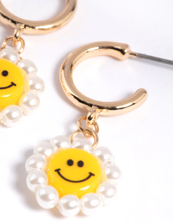 Gold Smiley Pearl Huggie Drop Earrings