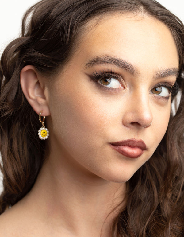 Gold Smiley Pearl Huggie Drop Earrings