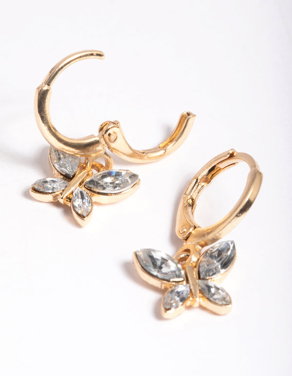 Gold Diamante Butterfly Charm Huggie Earrings