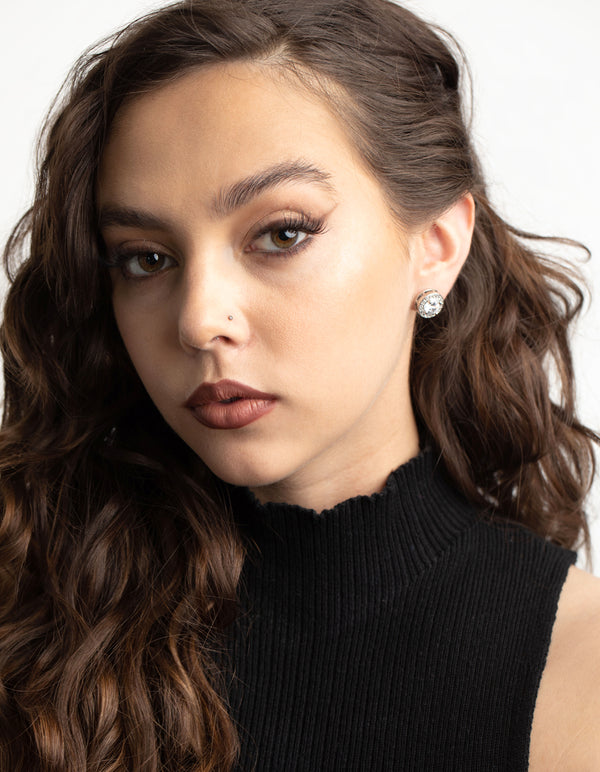 Silver Pave Circle Stud Earrings