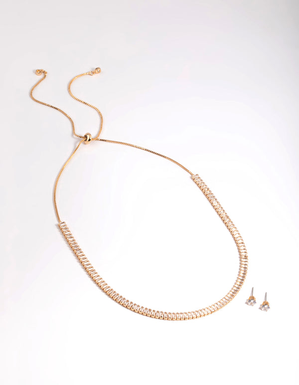 Diamond Simulant Gold Baguette Earrings & Necklace