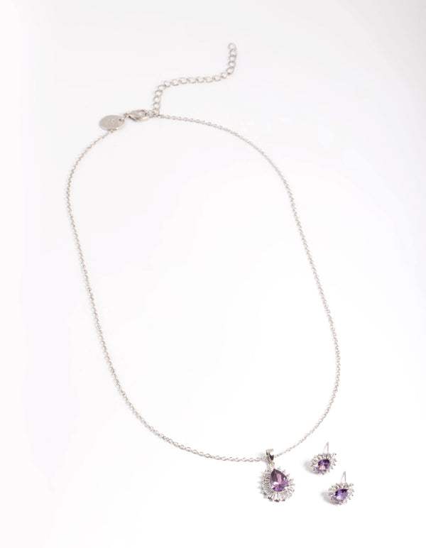 Diamond Simulant Silver Amethyst Teardrop Earring & Necklace