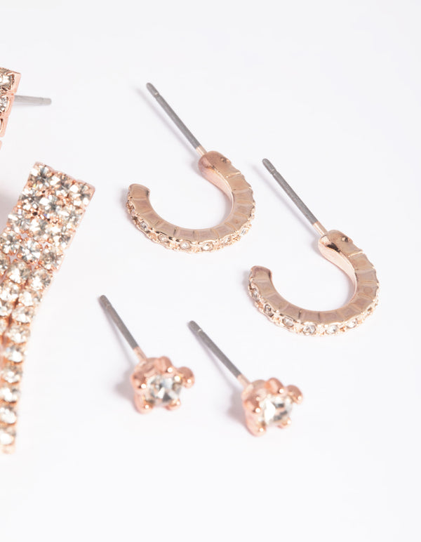 Rose Gold Diamante Stud & Hoop Earrings Pack