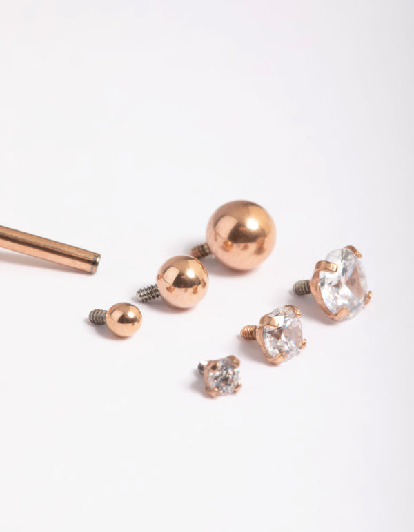 Rose Gold Plated Surgical Steel Polished & Cubic Zirconia 6-Pack Flat Back