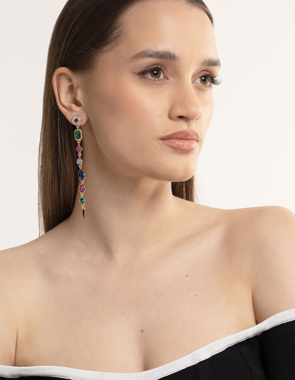 Gold Long Mixed Stone Drop Earrings