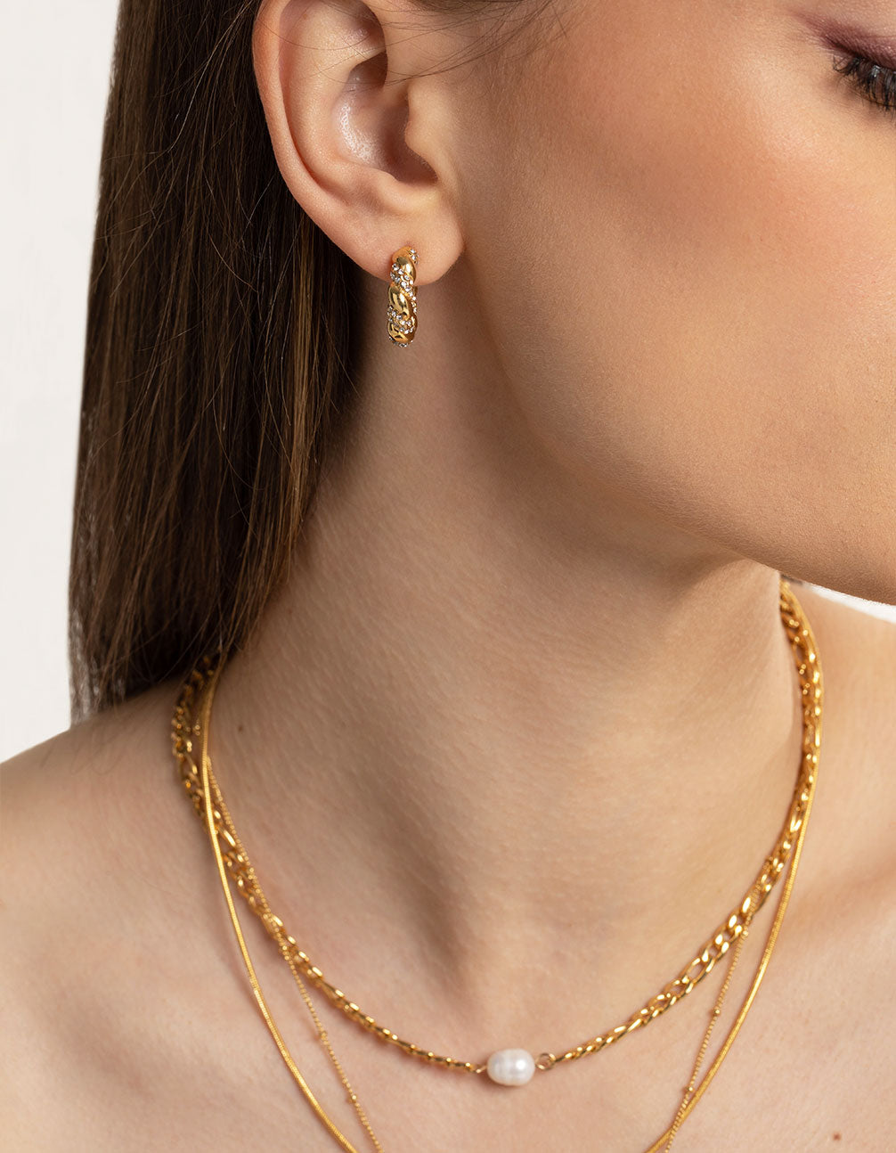 Waterproof Gold Plated Stainless Steel Diamante Twist Hoop Earrings