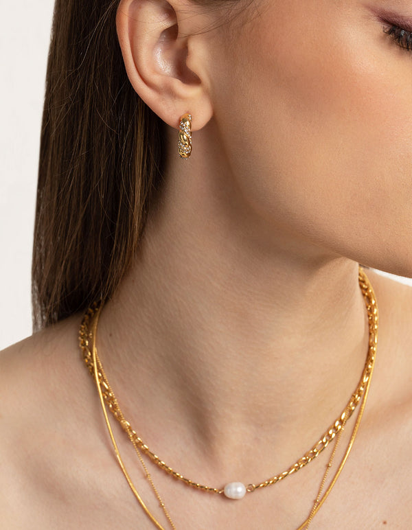 Waterproof Gold Plated Stainless Steel Diamante Twist Hoop Earrings