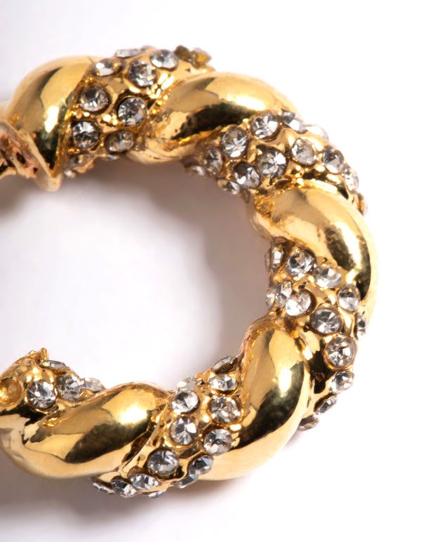 Waterproof Gold Plated Stainless Steel Diamante Twist Hoop Earrings