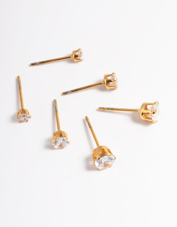 Waterproof Gold Plated Stainless Steel Cubic Zircconia Stud Earring Pack