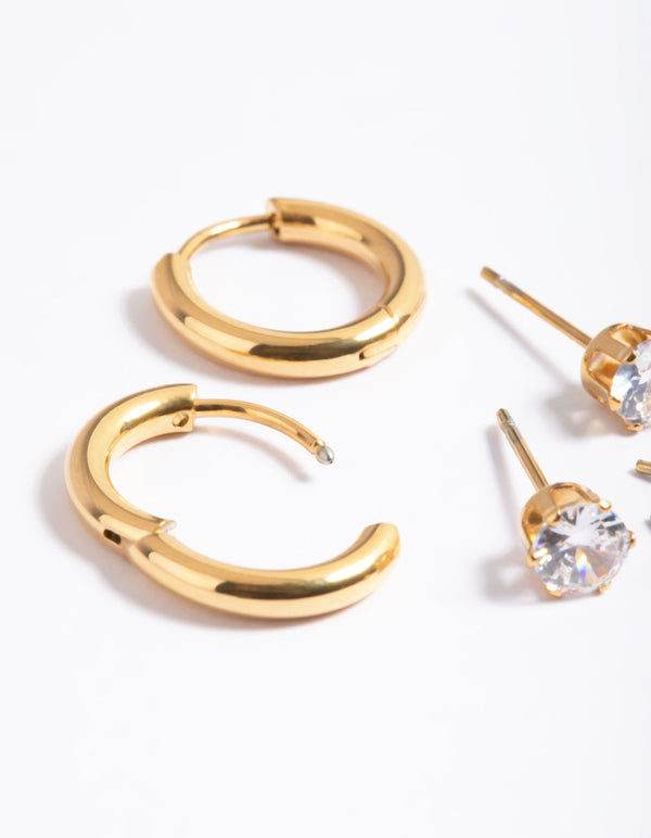 Waterproof Gold Plated Stainless Steel Cubic Zirconia Stud & Huggie Earring Pack