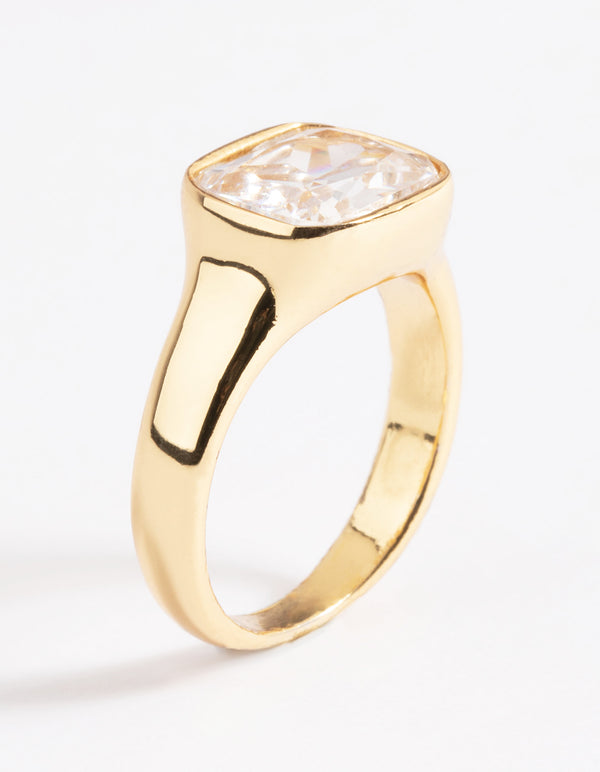 Waterproof Gold Plated Stainless Steel Square Cubic Zirconia Ring