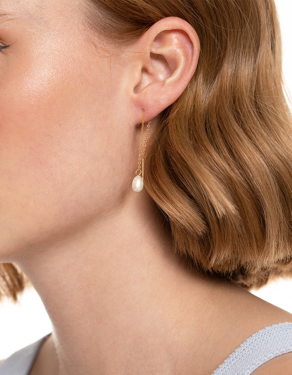 Gold Plated Sterling Silver Freshwater Pearl Threader Earrings