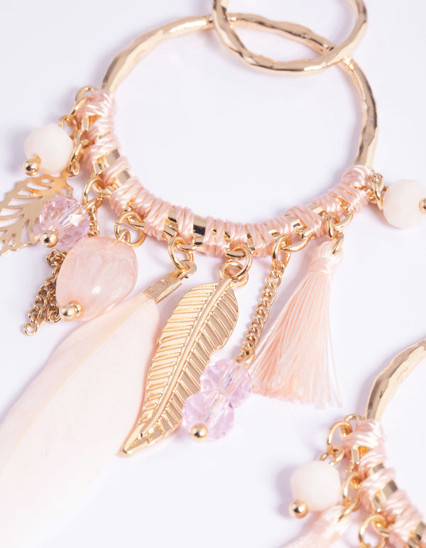 Gold Thread Bead Feather Earrings