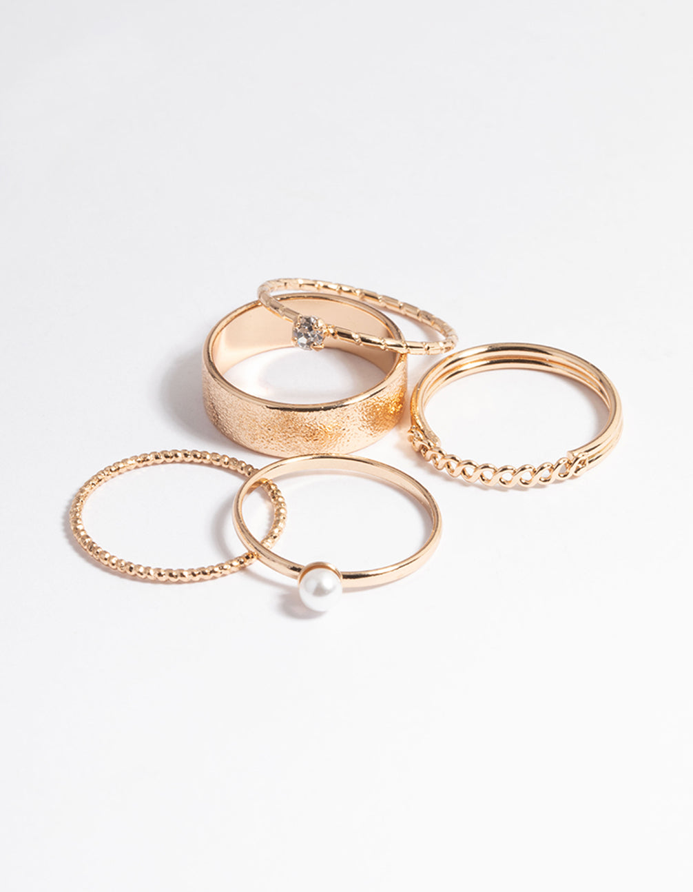 Gold Pearl & Diamante Mix Ring 5-Pack