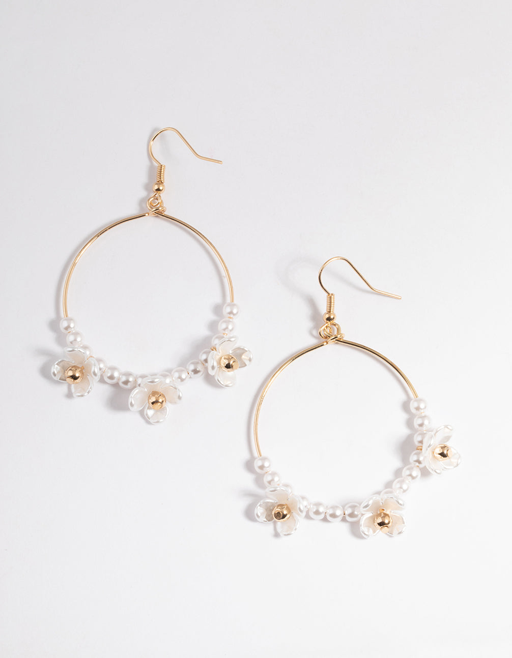 Gold Round Pearl & Flower Drop Earrings