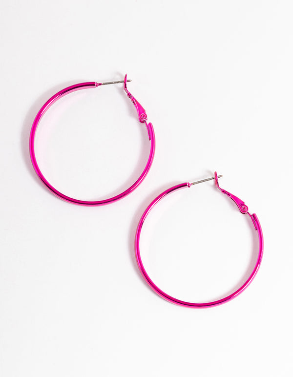 Pink Coated Metal Metallic Wide Hoop Earrings