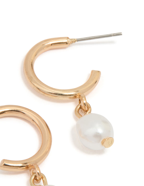 Gold Pearl Drop Huggie Earrings