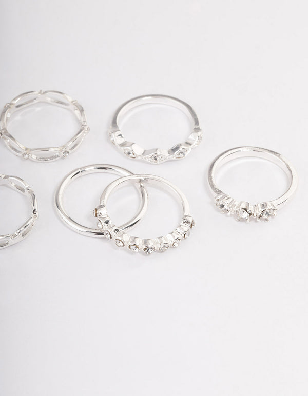 Silver Diamante Row Mix Ring 8-Pack