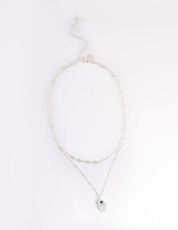 Silver Green Fluorite Shard Oval Layered Necklace