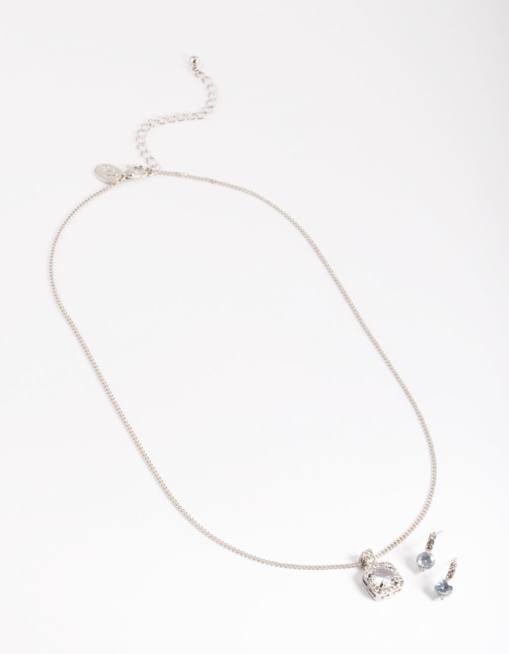 Silver Square Halo Necklace & Stud Earrings