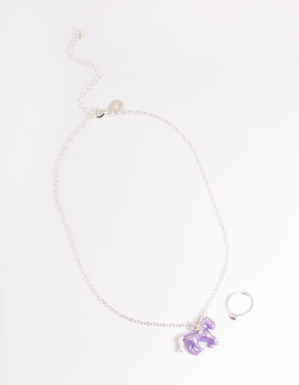 Kids Silver Glitter Necklace & Ring Set