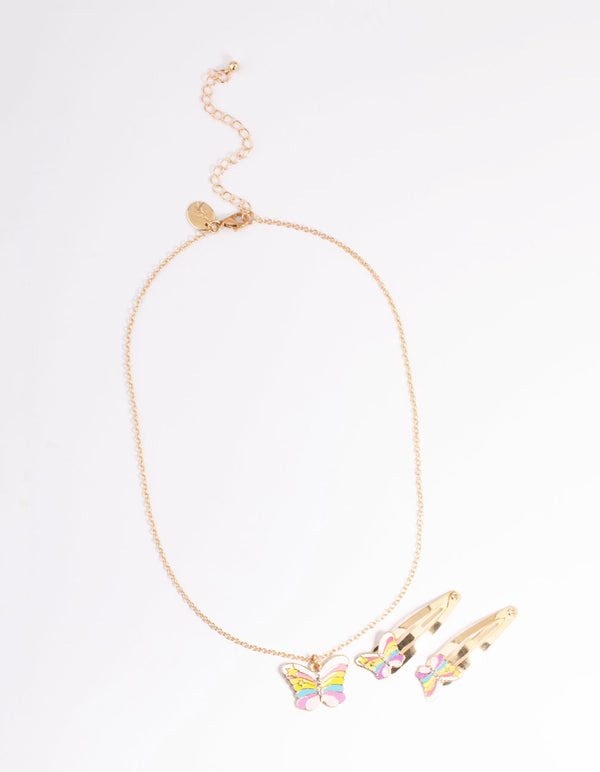Kids Rainbow Butterfly Necklace & Hair Clip