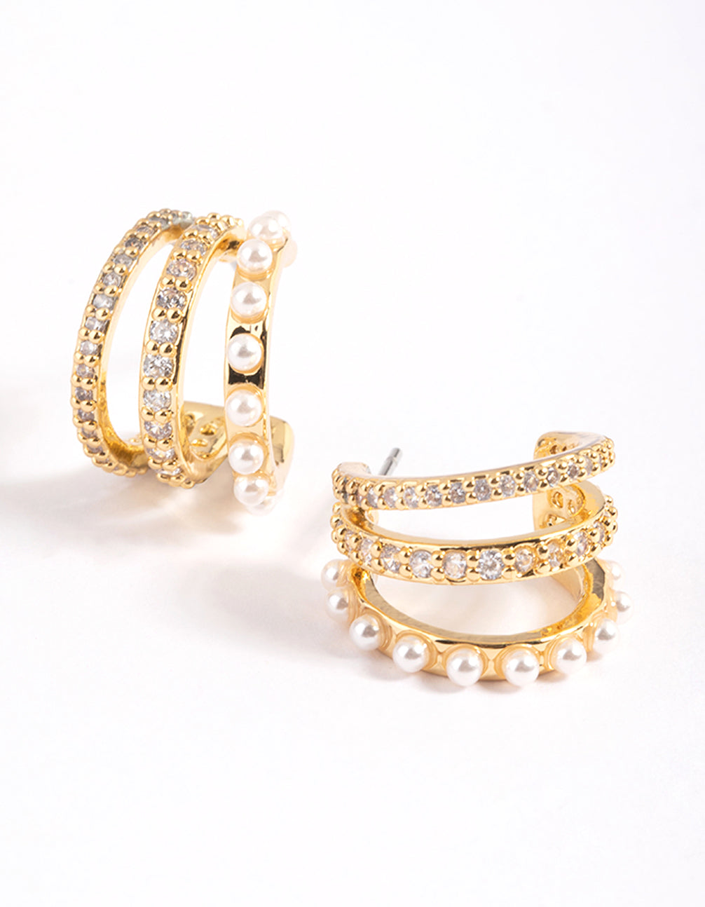 Gold Plated Cubic Zirconia Triple Row Hoop Earrings