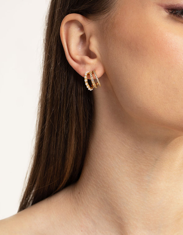 Gold Plated Cubic Zirconia Triple Row Hoop Earrings