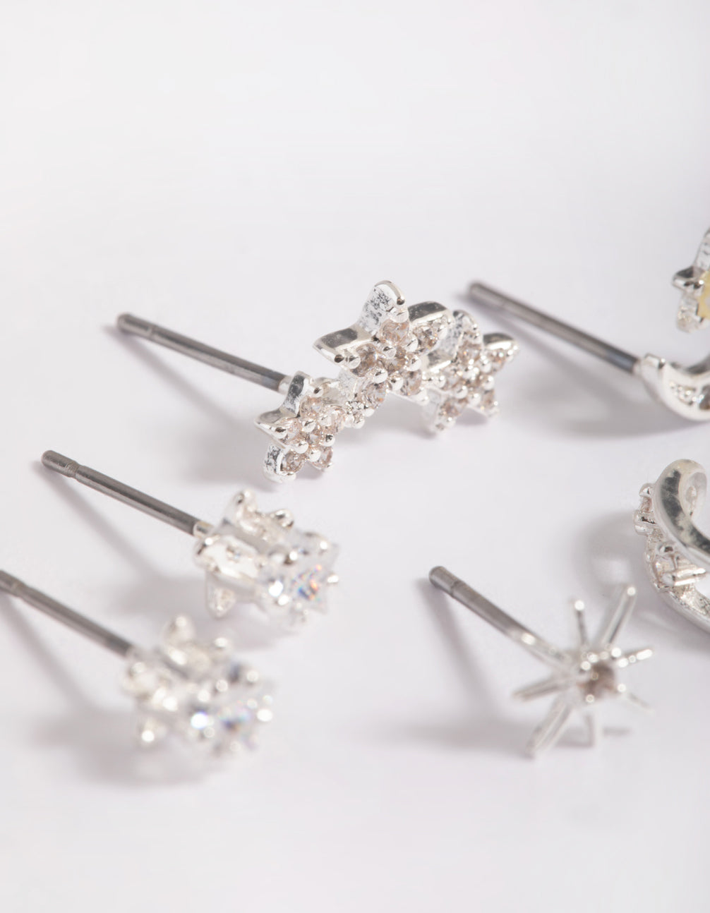 Silver Plated Cubic Zirconia Celestial Stud Earrings 6-Pack