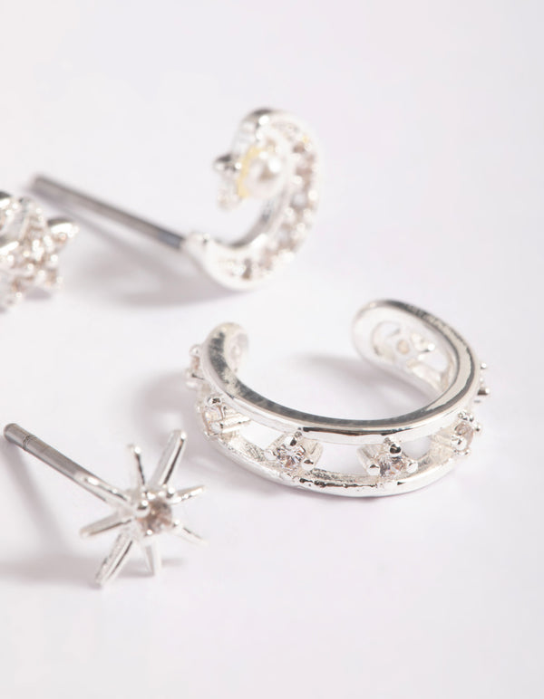 Silver Plated Cubic Zirconia Celestial Stud Earrings 6-Pack