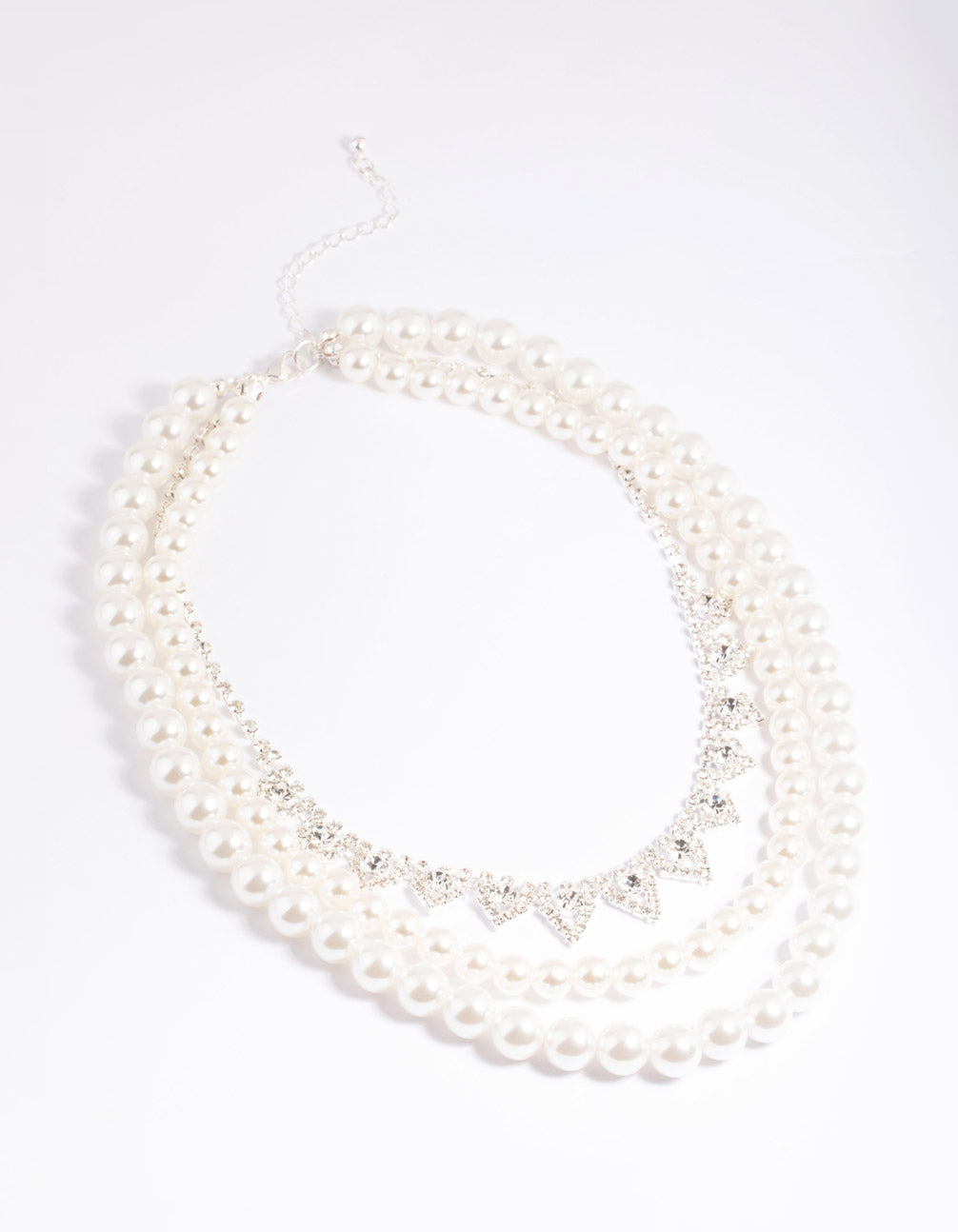 Silver 2-Row Pearl Triangle Diamante Necklace