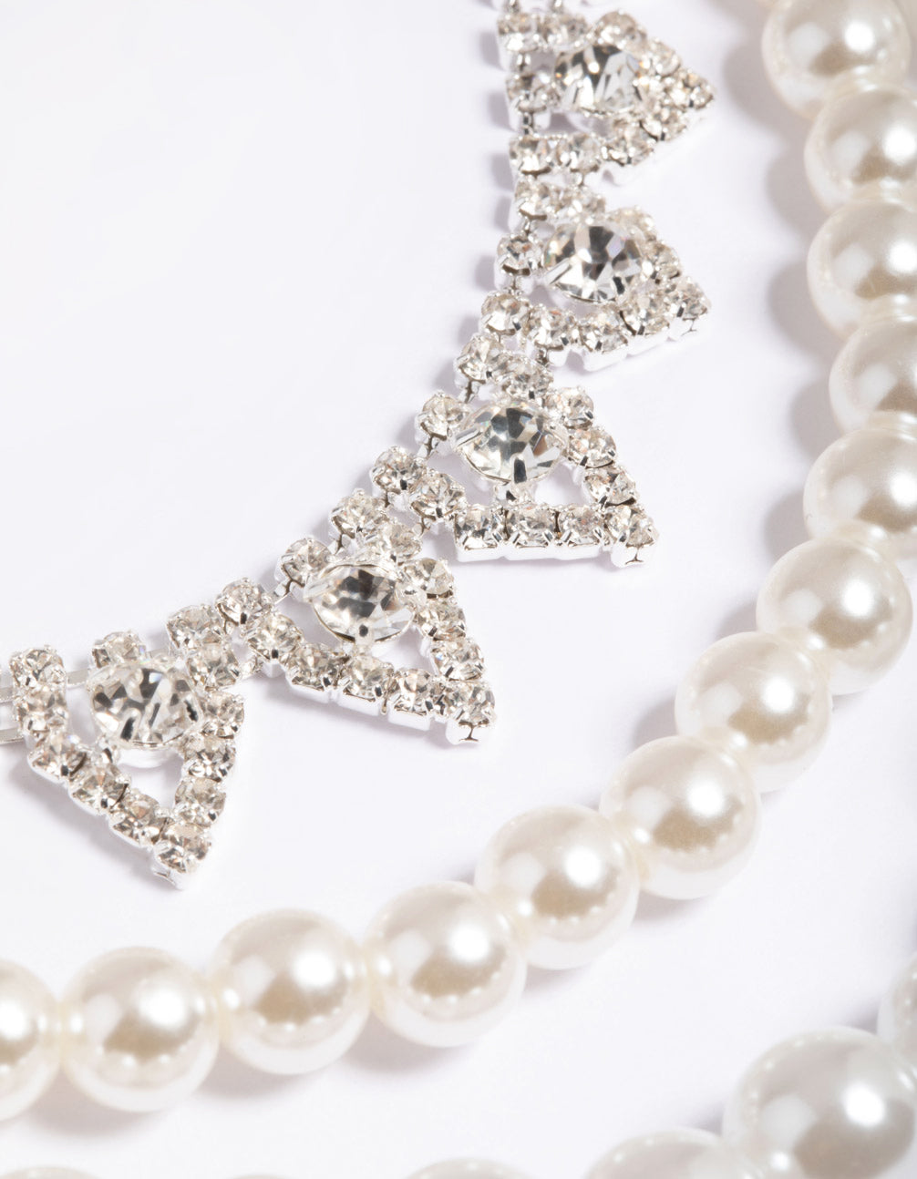 Silver 2-Row Pearl Triangle Diamante Necklace
