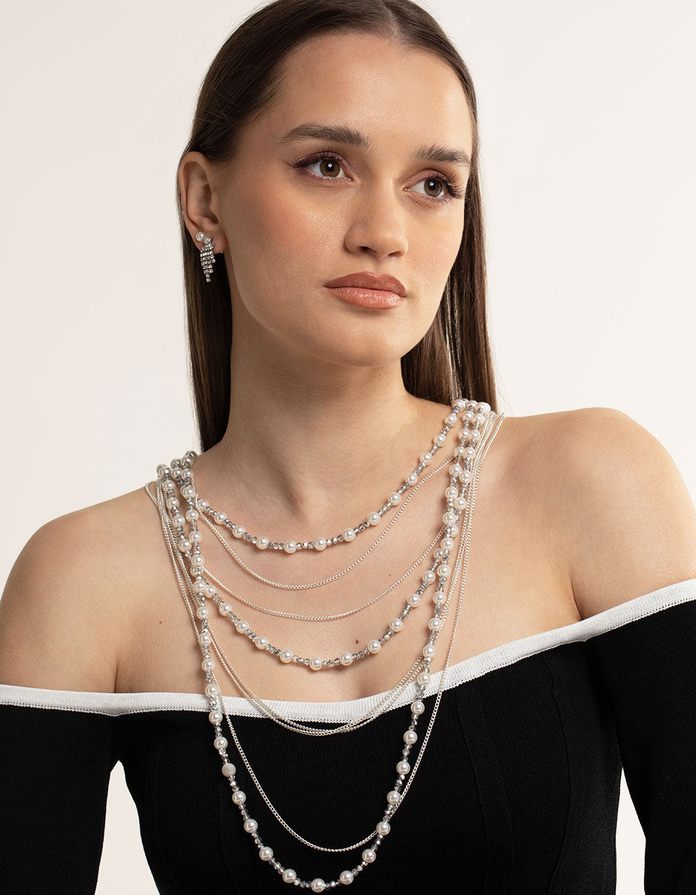 Silver Bead & Facet Multi-Row Long Necklace
