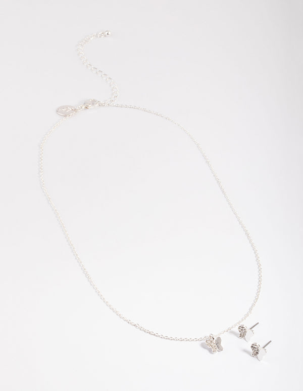 Silver Plated Diamante Butterfly Necklace & Stud Earrings Set