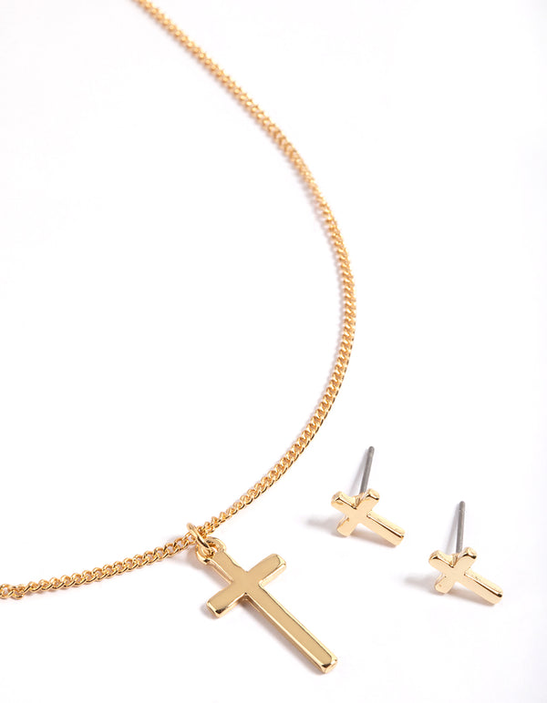 Gold Plated Cross Necklace & Stud Earrings