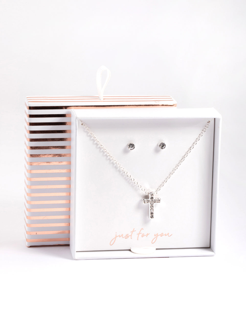 Silver Diamante Cross Necklace & Stud Earrings Set