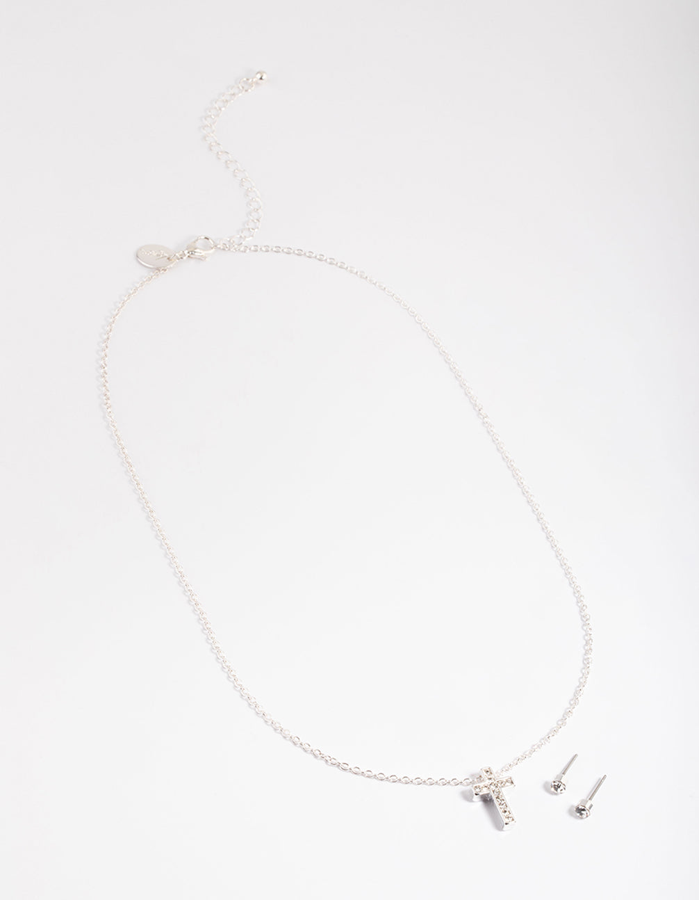 Silver Diamante Cross Necklace & Stud Earrings Set