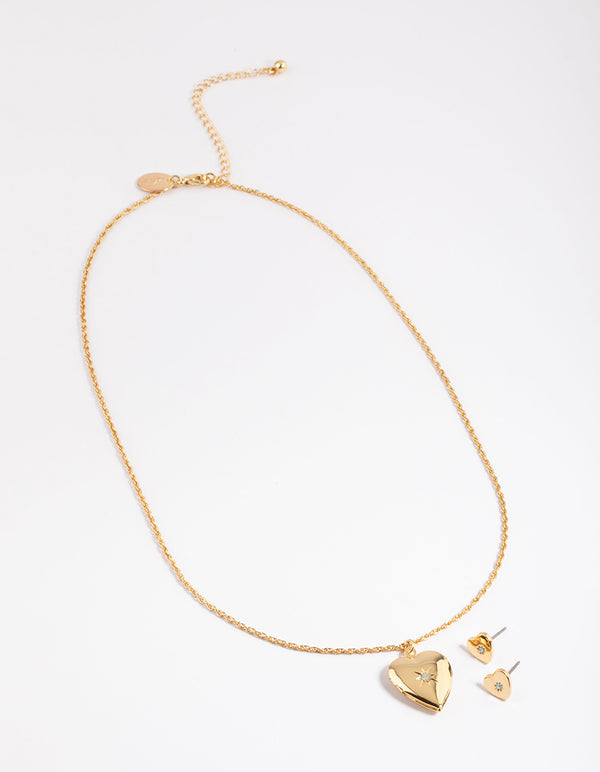Gold Plated Heart Locket Necklace & Stud Earrings Set