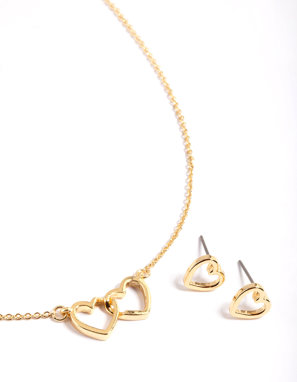 Gold Plated Linked Heart Necklace & Stud Earrings