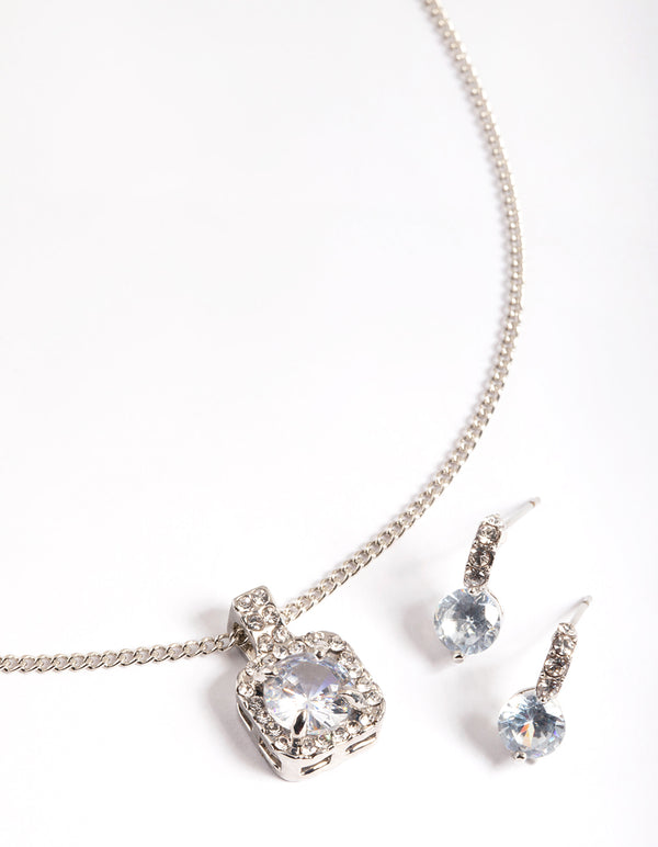 Silver Square Halo Necklace & Stud Earrings Set