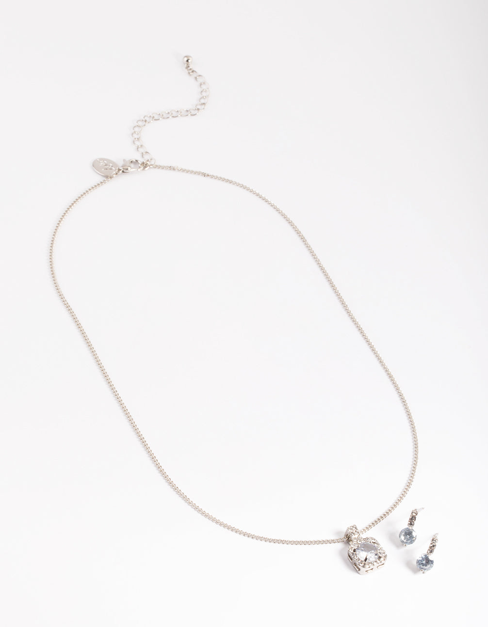 Silver Square Halo Necklace & Stud Earrings Set