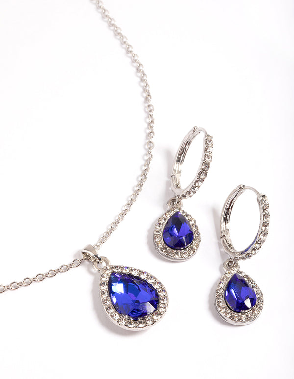 Silver Oval Halo Necklace & Huggie Earrings Set