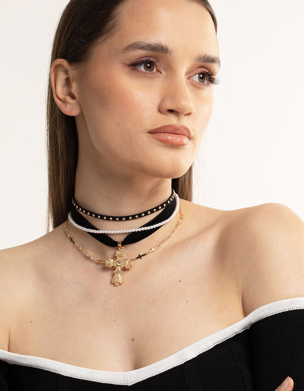 Gold Multi Cross Pearl Choker