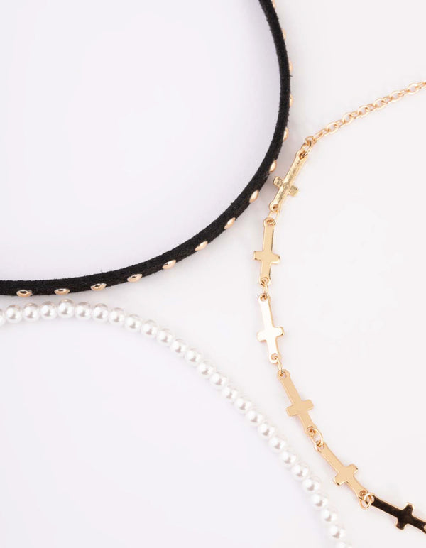 Gold Multi Cross Pearl Choker
