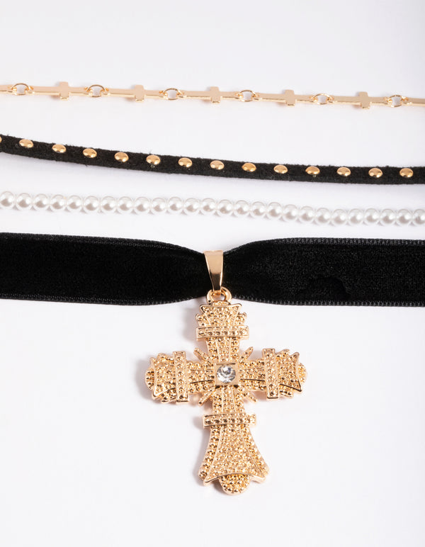Gold Multi Cross Pearl Choker