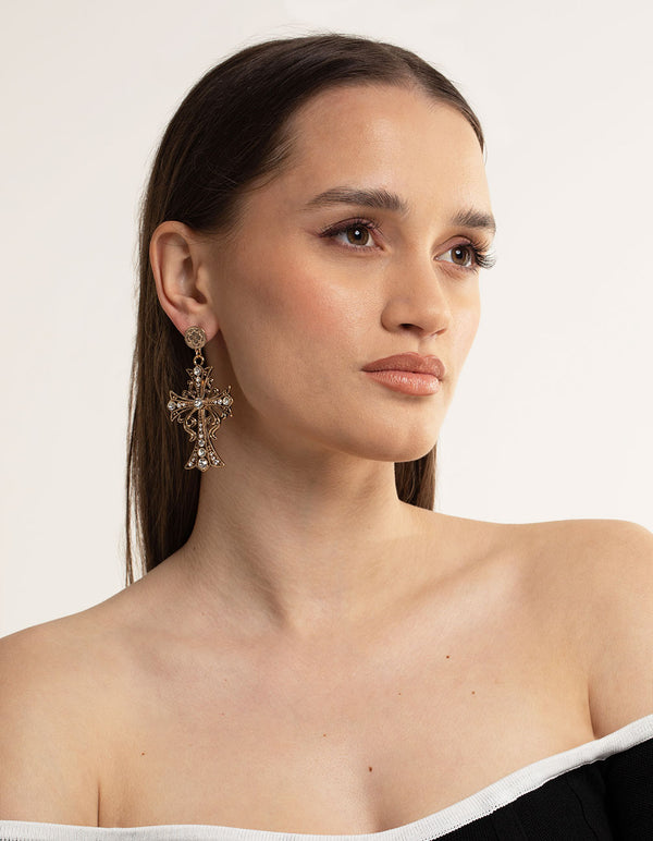 Diamante Cross Drop Earrings
