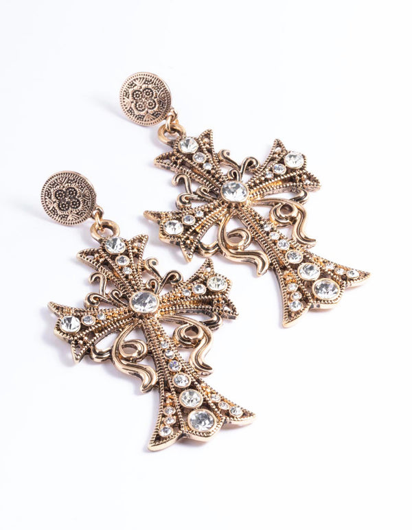Diamante Cross Drop Earrings