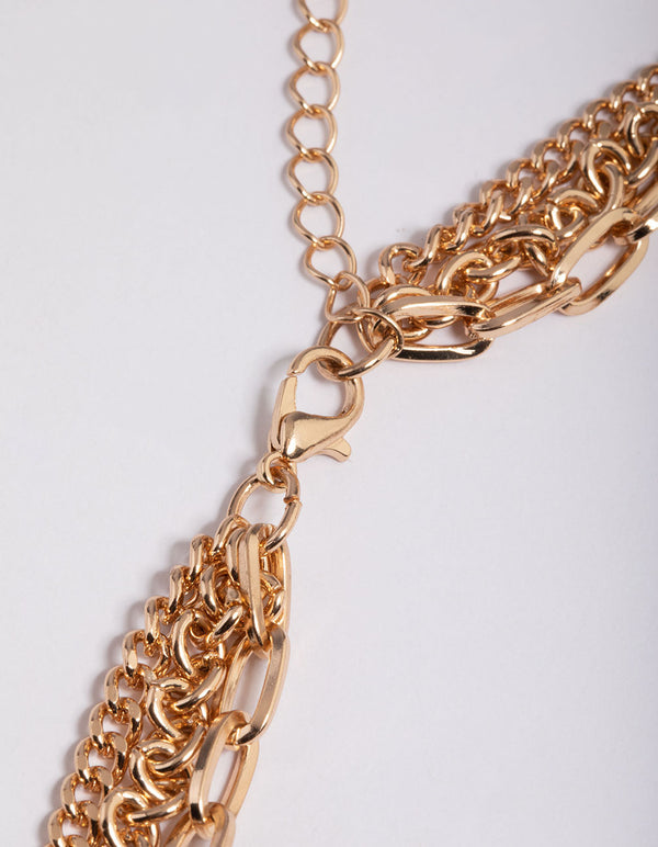 Gold Triple Row Mix Diamante Cross Necklace