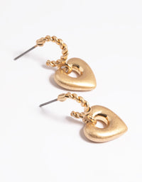 Worn Gold Mini Heart Drop Hoop Earrings - link has visual effect only